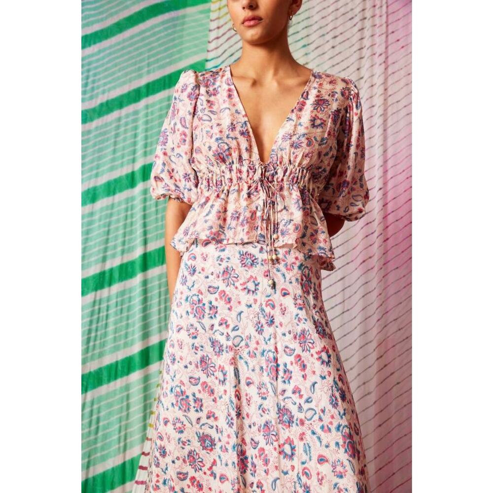 Hannah Artwear Lalita Silk Blouse + Maia Wrap Skirt Set Pink Floral Size Small